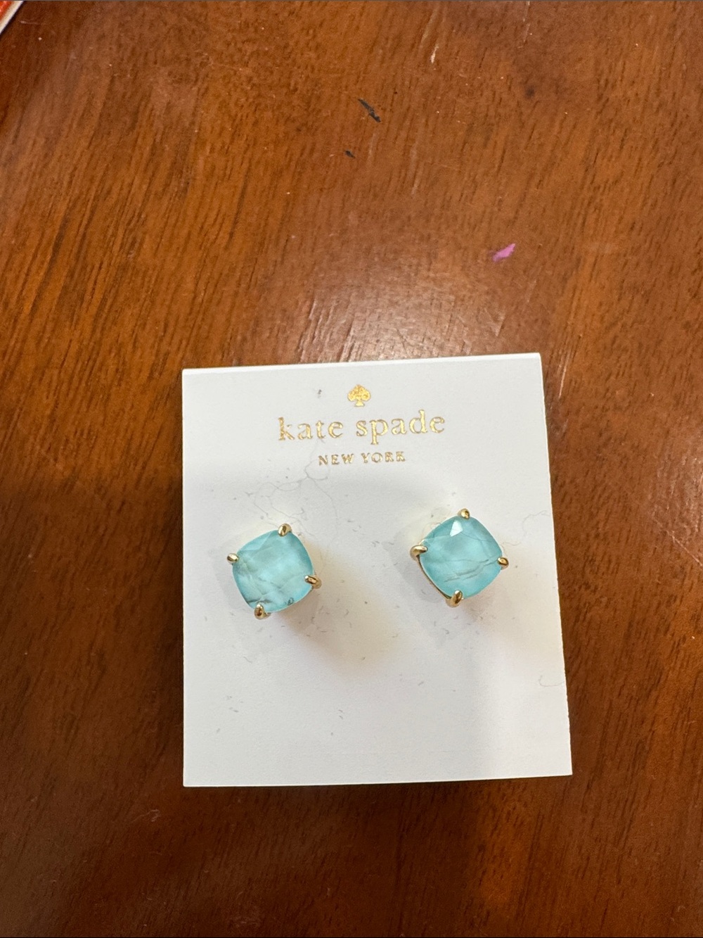 kate spade aqua cushion-cut stud earrings with gold-tone prongs
